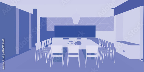 Conference room with long table and chairs arranged for a meeting, silhouetted figures against a wall with overhead lighting.