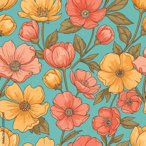 Seamless floral pattern with vintage style flowers in warm orange and pink hues, seamless pattern, Stock royalty image.