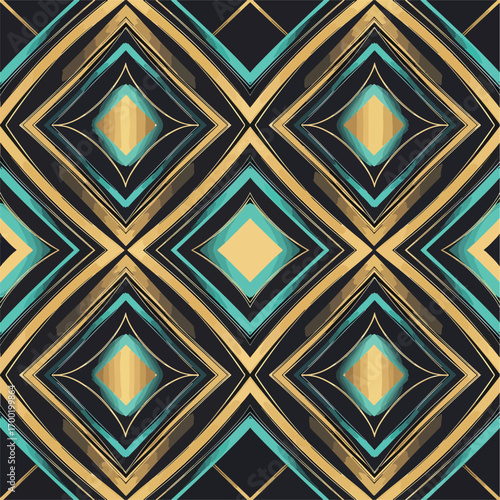 Seamless geometric pattern featuring diamonds in gold and turquoise shades, seamless pattern, Stock royalty image.
