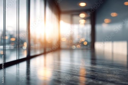 Beautiful blurred background of a light modern office interior with panoramic windows and beautiful lighting. High quality