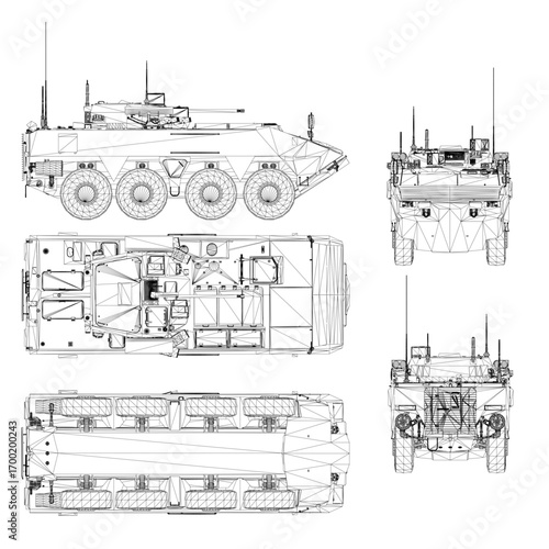 Armored personnel carrier blueprint in detailed wireframe vector format, showcasing military vehicle design on a clean white background.