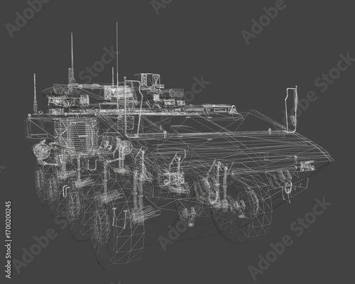 Battle Tank blueprint in detailed 3D wireframe model, showcasing armored personnel carrier components on gray background.