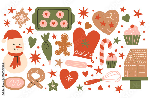 Christmas Baking Doodles. Retro Holiday Cookies Illustration. Vintage Xmas Kitchen Artwork. Festive Food Graphic.