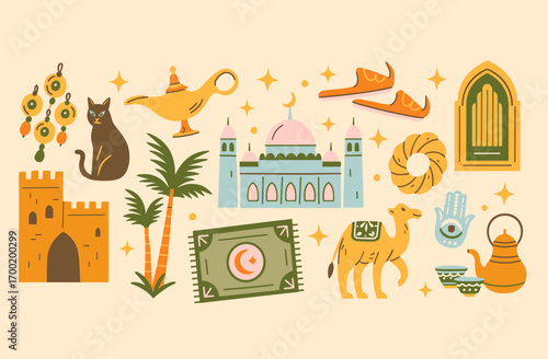 Arabian Doodles Set. Retro Islamic Culture Illustration. Vintage Middle Eastern Elements. Ramadan Celebration Graphic.
