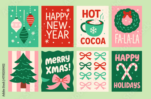 Christmas Card Collection. Retro Holiday Illustrations Set. Vintage New Year Greeting Artwork. Xmas Poster Graphic.