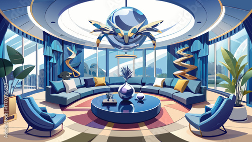 Exquisite 360-degree panoramic view of a modern luxury living room, emphasizing navy blue sectional sofas, stainless steel accents, panoramic windows, and abstract sculptures, presenting a balance of 