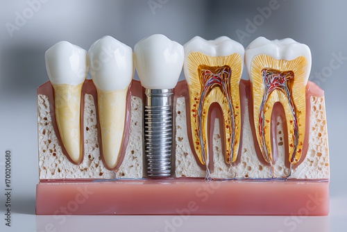 Dental implant model showing artificial teeth and root structures next to natural tooth for educational purposes