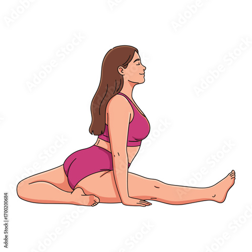 Illustration of a serene woman in a pink outfit practicing a yoga split pose.