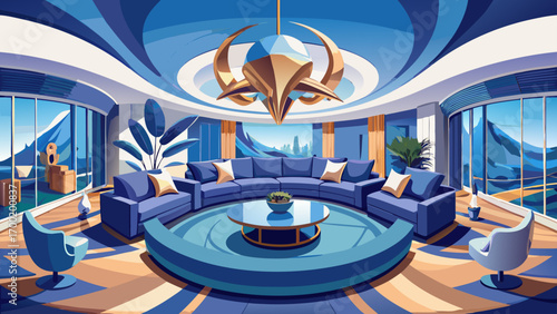 Exquisite 360-degree panoramic view of a modern luxury living room, emphasizing navy blue sectional sofas, stainless steel accents, panoramic windows, and abstract sculptures, presenting a balance of 
