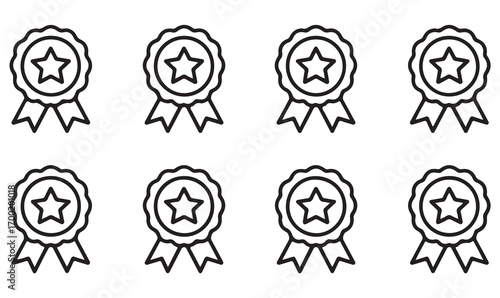 Minimal vector prize ribbons with star emblem, black outline certification badges, achievement seals for recognition and awards in simple graphic styleMinimal vector prize ribbons with star emblem, bl