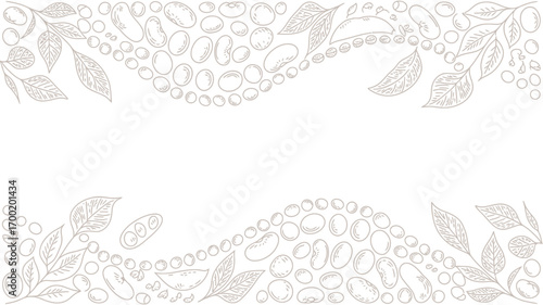 Outline drawing of beans and leaves arranged in a border pattern on a white background with empty space