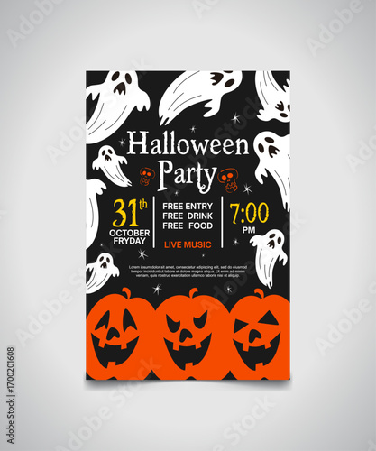 Halloween party flyer template featuring scary pumpkins, spooky ghosts, skulls, and festive typography for October 31 celebration.