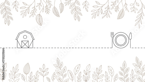 A simple line drawing of a barn and a plate with silverware surrounded by leaves and branches