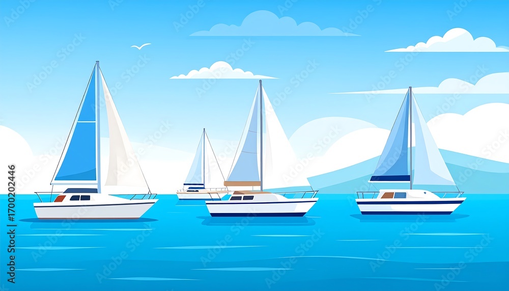 Naklejka premium Three sailboats glide across a tranquil ocean under a vibrant blue sky.