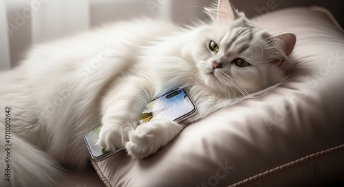 Fluffy Persian Cat Relaxing with Smartphone