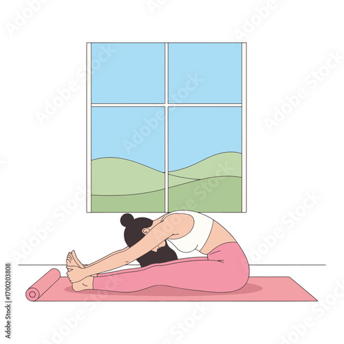 Woman doing seated forward bend yoga pose on a mat indoors.