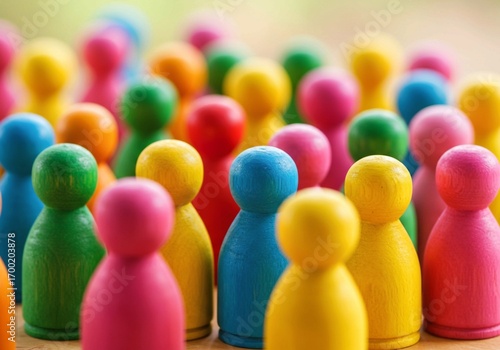 a group of multi colored plastic toy people, Colorful figurines representing diverse population. Colorful figures stand together demographic study. Analysis of cultural integration, demographic change