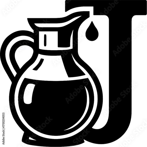 Letter J with Jar of Liquid: Bold black and white graphic image of the letter J adjoined with a pitcher, the pitcher filled with a dark liquid, creating a striking, minimalist composition.
