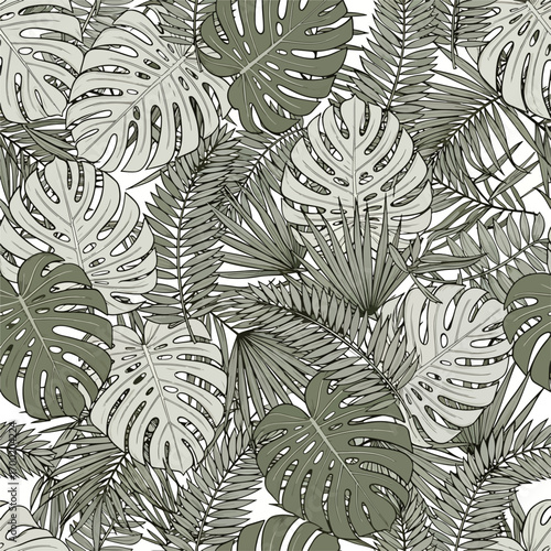 Seamless tropical pattern featuring monstera leaves and palm foliage design, patern seamless, royalty stock.