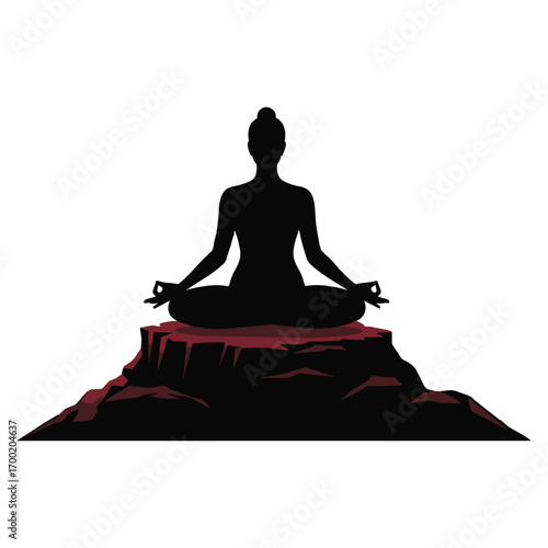 Serene Meditation Silhouette: A tranquil silhouette of a person engrossed in meditation atop a rugged stone structure, symbolizing peace, inner reflection, and spiritual harmony.