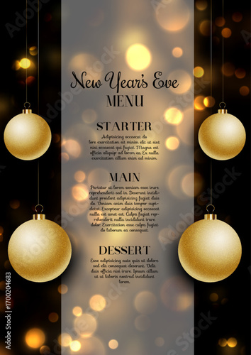 Elegant New Years Eve menu with bokeh lights and hanging baubles design