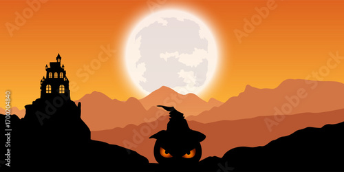 Halloween banner with castle and spooky pumpkin design 