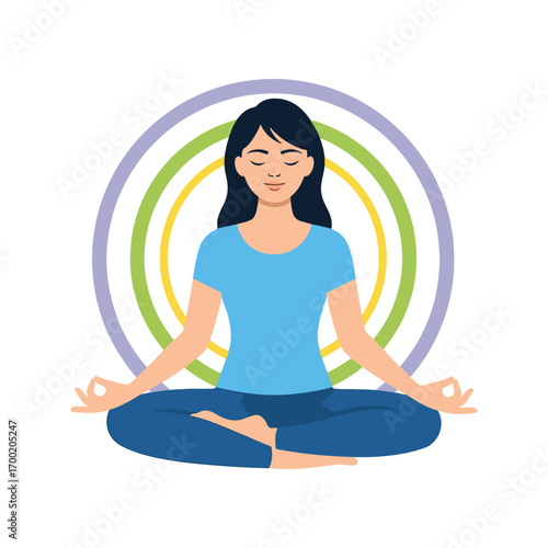 A serene woman with black hair meditates in the lotus position with colorful concentric circles in the background.