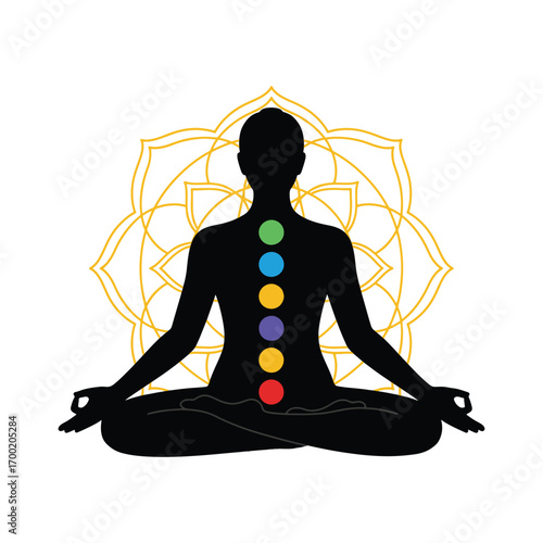 Silhouette of a person meditating with chakras aligned and a mandala in the background.