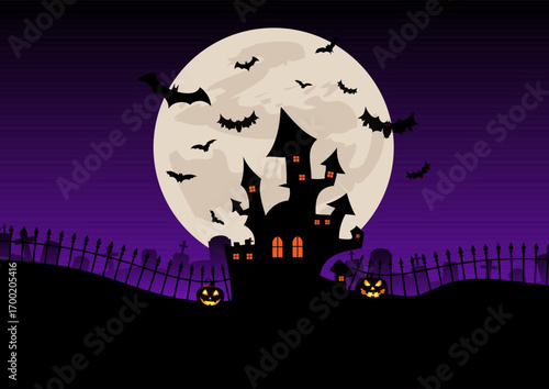 Spooky Halloween background with castle in moonlit landscape