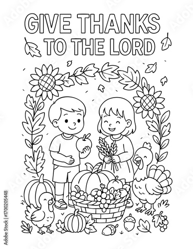 thanksgiving christian coloring page with children harvest basket pumpkins turkey grapes corn and scripture harvest of blessings for sunday school bible study worship and devotion