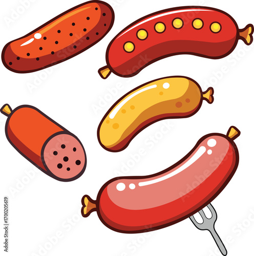 Set of sausage vector illustrations on a white background. Sausage cartoon illustration