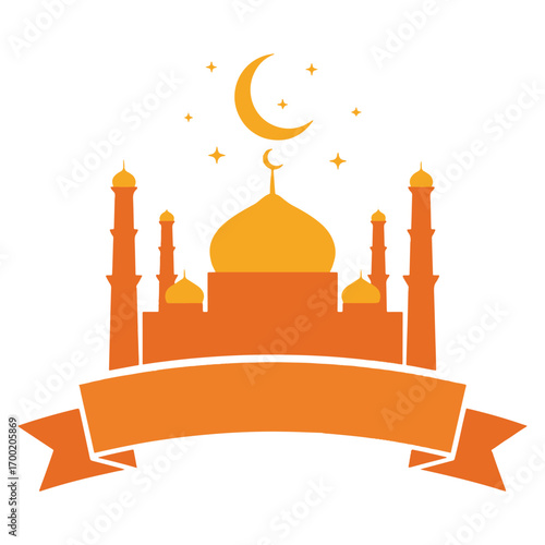 Orange mosque silhouette with crescent moon and stars, banner below.