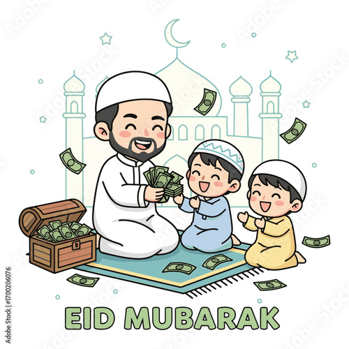 A Muslim father happily gives money to his two sons, with a treasure chest full of money and a mosque in the background, celebrating Eid Mubarak.