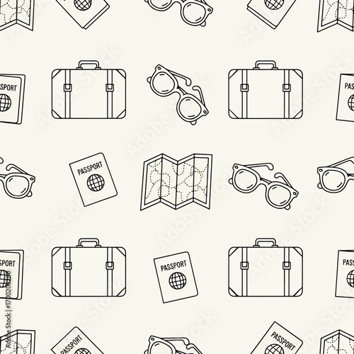 Travel essentials pattern featuring suitcase, passport, map, and sunglasses design, patern seamless, Stock royalty image.