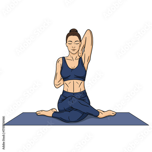A woman performing Gomukhasana (Cow Face Pose) with an arm bind on a yoga mat, demonstrating flexibility and mindfulness.