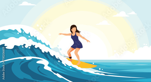 A woman surfing a big wave under a bright sunny sky with ocean waves crashing