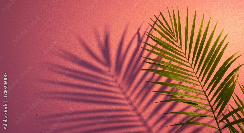 Obraz premium A Glimpse of a Palm Leaf with a Pink and Red Hue