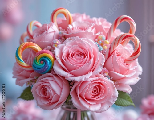 Delightful bouquet of soft pink roses adorned with colorful candy canes and swirls for a sweet celebration.