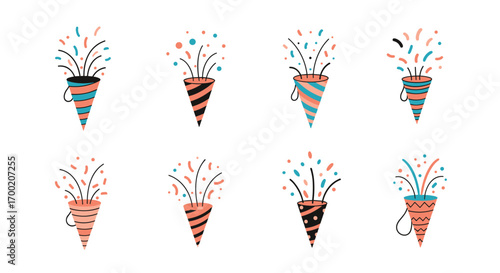 Set of eight party poppers exploding with colorful confetti and streamers for celebrations and festive occasions