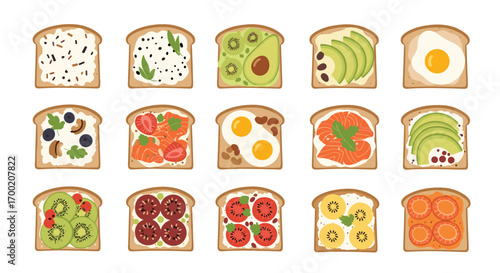 An assortment of delightful toasts featuring various fresh ingredients perfect for breakfast and brunch
