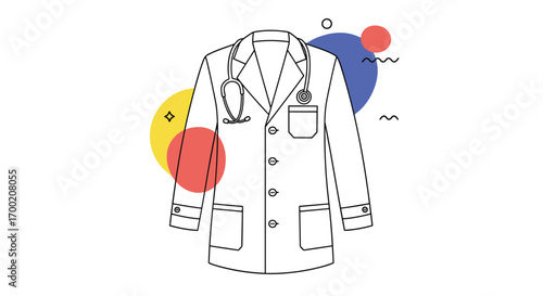 A detailed outline of a doctor's lab coat featuring a stethoscope and stylized geometric shapes in the background