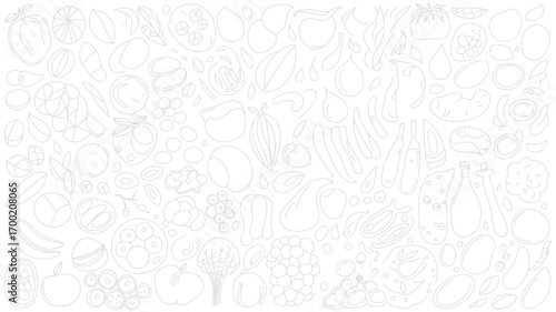 A white background filled with outlines of various fruits vegetables and other food items arranged randomly