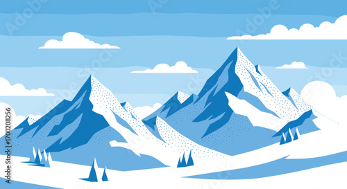 Pixel art mountain landscape with snowy peaks and wispy clouds under a bright sky