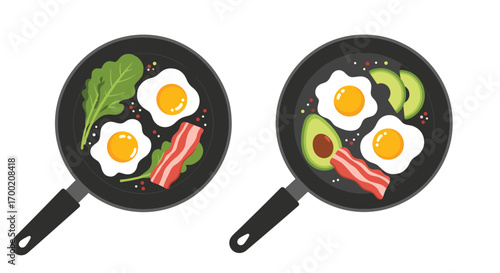 Two fried eggs with bacon and avocado arugula in frying pans breakfast meal preparation