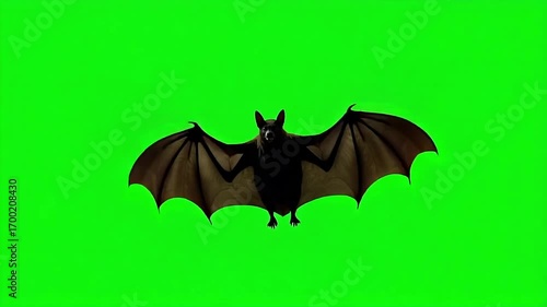 Mysterious bat with outstretched wings in flight against a vibrant green background.