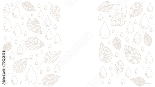 A simple background with leaves and raindrops on the sides with a white space in the middle area