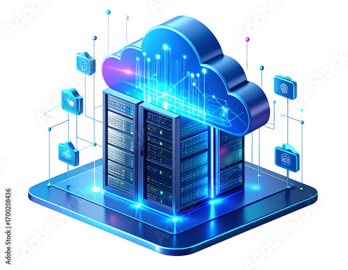 Isometric illustration of cloud computing infrastructure with server racks, data flow, and network icons on a digital platform.