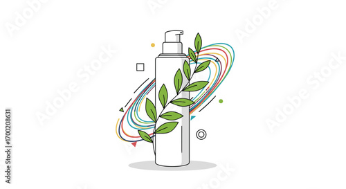 Natural skincare product bottle with organic leaf elements and abstract colorful swirls decoration for beauty and wellness