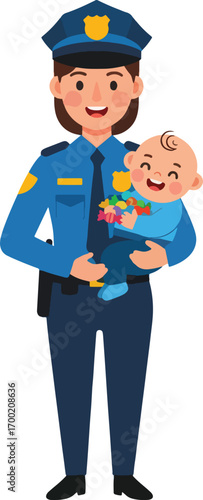 Smiling police officer holding a happy baby in her arms, showcasing community support and protection with a heartwarming and positive theme.