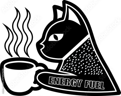 Black and White Coffee Cat Illustration – Bold Graphic Vector Art for Café Branding